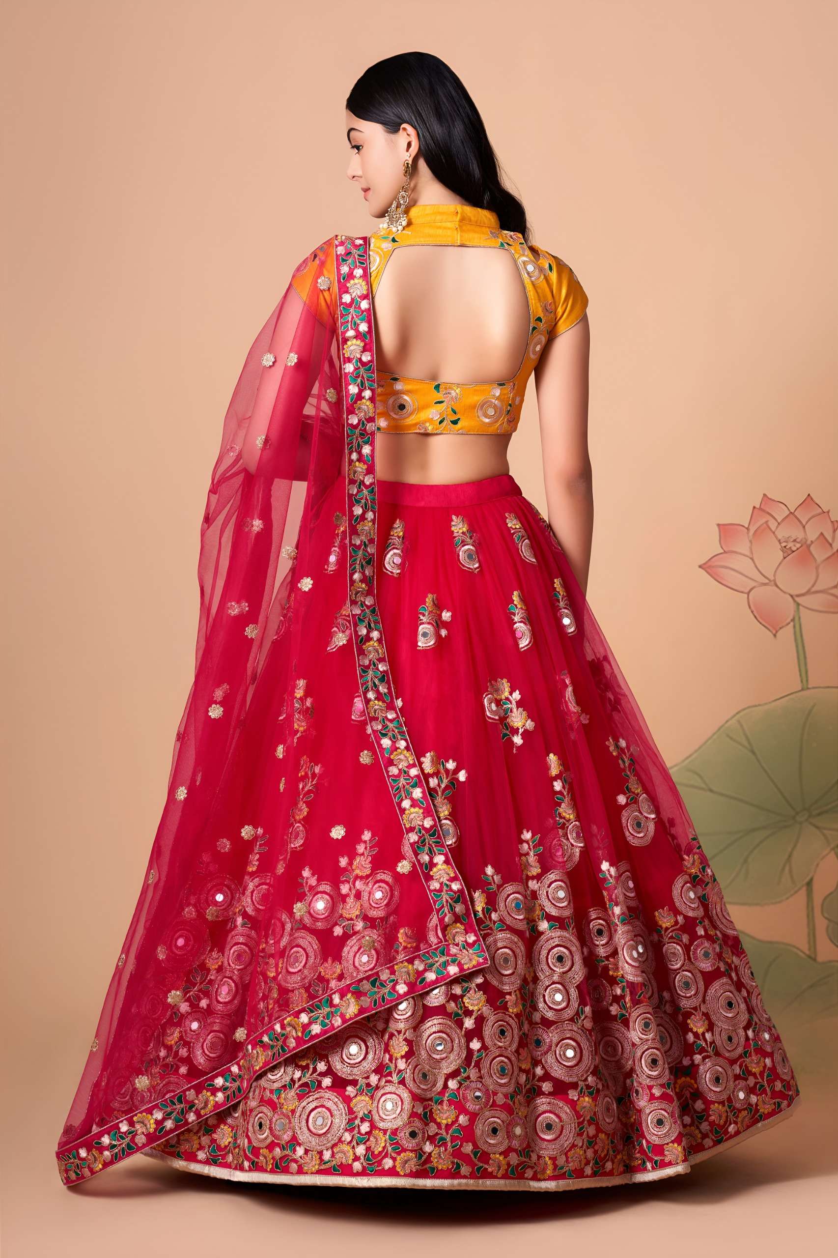 Rani Pink & Mustard colour Mirror Floral Lehenga Choli wholesale in surat 7323 Rani 